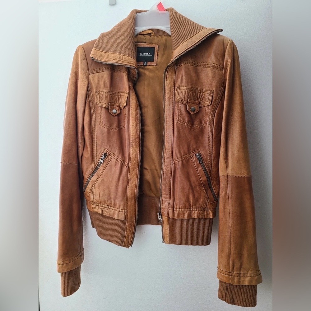 Bershka Tan Brown Leather Jacket Small, X-Small